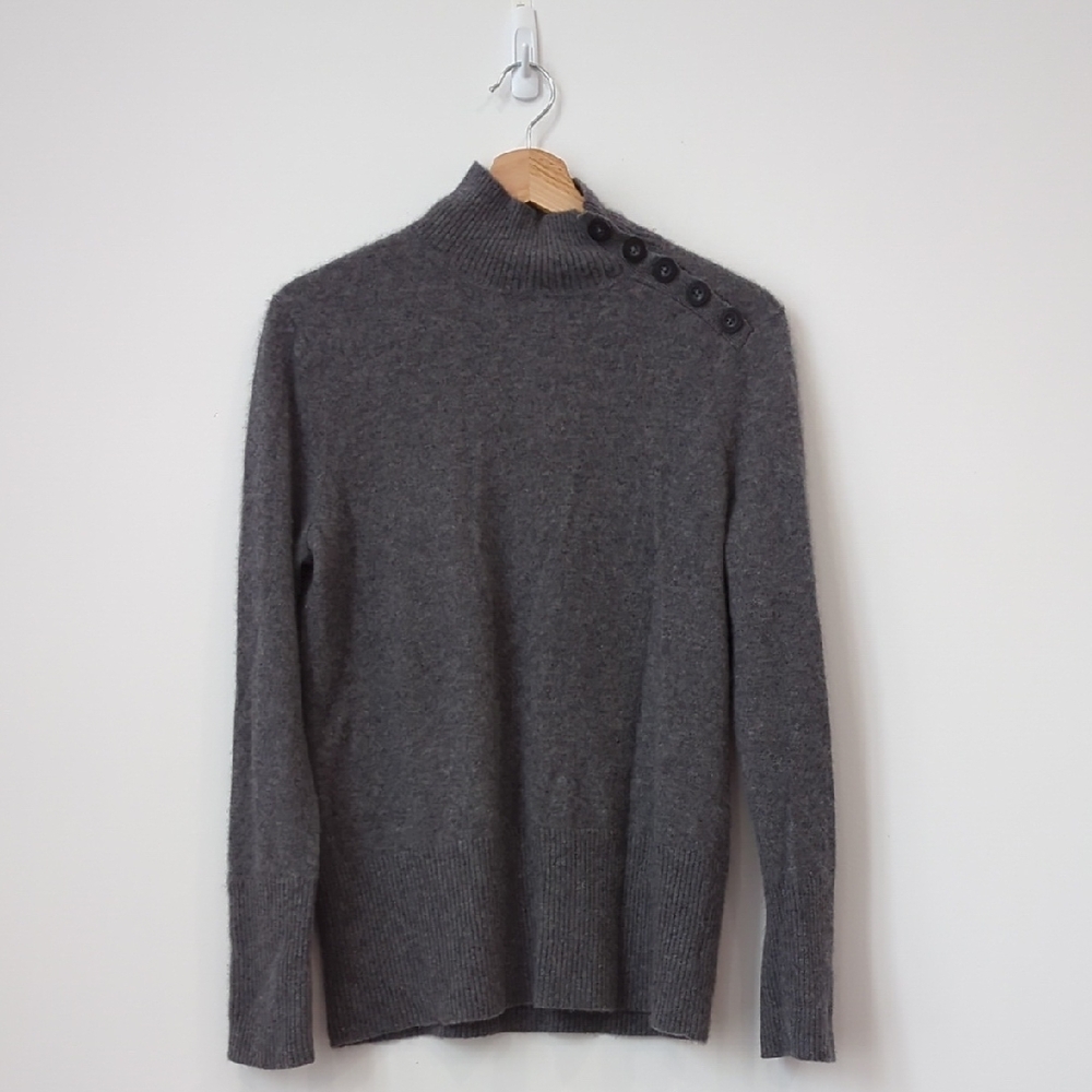 Vintage Anne Klein Grey Cashmere Turtleneck Sweater Adorned With Buttons